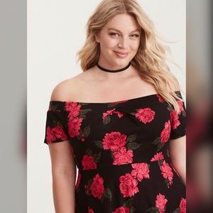 BLACK & RED ROSE PRINT OFF SHOULDER SKATER DRESS